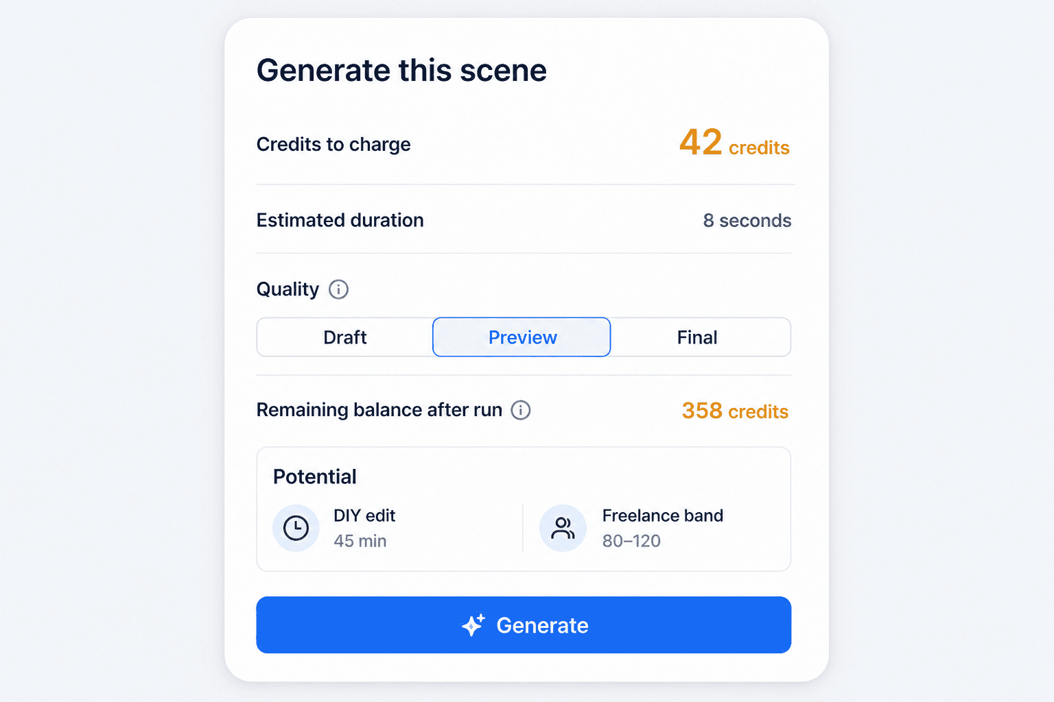 Quality tier buttons with credit estimates
