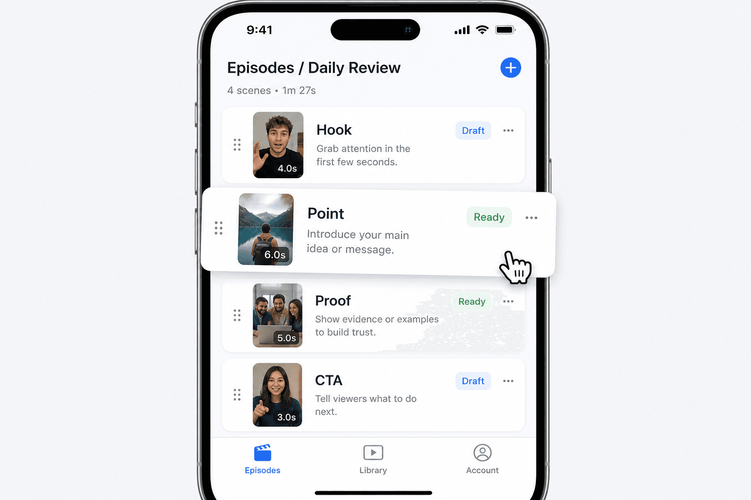 Character cards with reference images and voice labels
